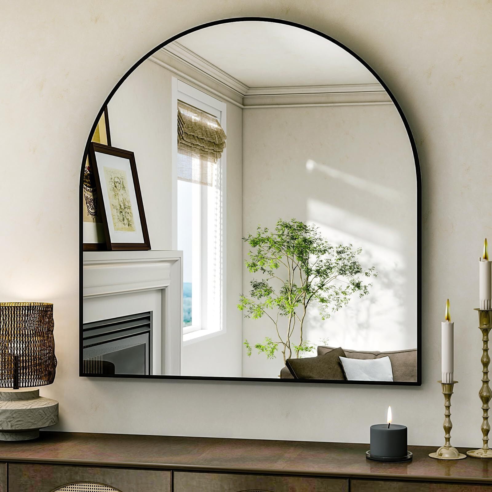 SHATTERVUE 34"x32.1" Arched Wall Mirror Wall-mounted Bathroom Mirror with Modern Aluminum Frame,Black