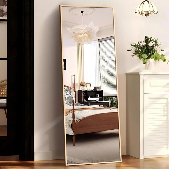 SHATTERVUE 64"x 21" Rectangular Full Length Mirror Floor Mirror with Stand Metal Frame, Gold