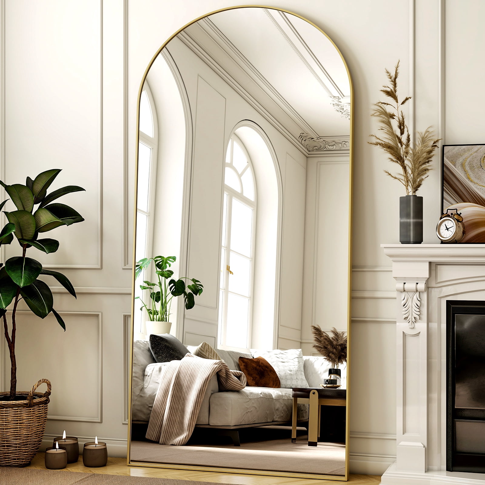 SHATTERVUE 77"x38" Arched Large Full Length Mirror Floor Mirrors Wall Mounted,Gold