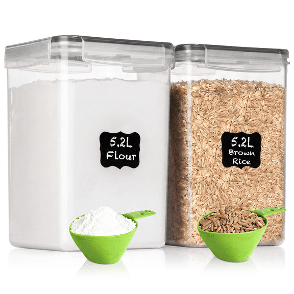SHAZO 2 PC [5.2L / 176 fl Oz] Large Flour Sugar Storage Containers - Leak Proof, BPA Free, Clear Plastic Food Storage Containers with Lids Airtight - Bulk Storage for Kitchen and Pantry