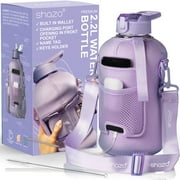 SHAZO KITCHEN 74oz 2.2L Half Gallon Sports Water Bottle with Straw, Built-In Wallet, Phone Pocket, Storage Sleeve, and Bottle Brush - Large Gym Drink Container in Stylish Light Purple Color