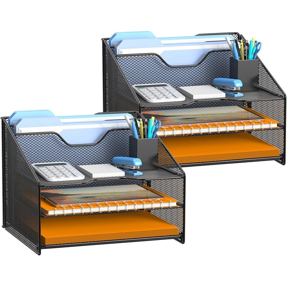 SHBOTO 2 Pack Mesh Desk File Organizer Letter Tray Holder, Desktop File Folder Holder with 3 Paper Trays and 2 Vertical Upright Section, Black
