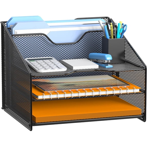 SHBOTO 2 Pack Mesh Desk File Organizer Letter Tray Holder, Desktop File Folder Holder with 3 Paper Trays and 2 Vertical Upright Section, Black