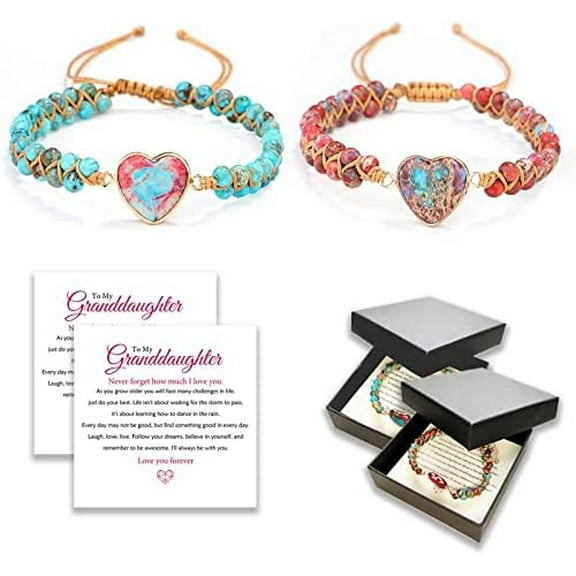 SHBOTO to My Granddaughter Love You Forever Jasper Heart Bracelet, Adjustable Classic Natural Jasper Bracelet, Heart Shape Charm Stone Bracelets, Granddaughter Bracelet from Grandma