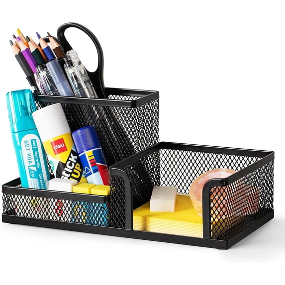 SHBOTO Mesh Desk Organizer Office Supplies Caddy with Pencil Holder and Storage Baskets for Desktop Accessories, 3 Compartments, Black