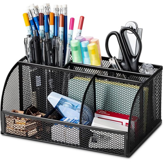 SHBOTO Mesh Desk Organizer Office Supplies Caddy with Pencil Holder and Storage Baskets for Desktop Accessories, 3 Compartments, Black