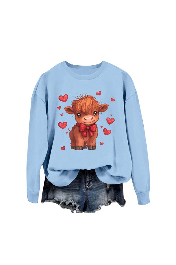 Valentines Sweatshirt Womens Cute Cow Print Crew Neck Winter Pullover Tops Long Sleeve Sports Casual Loose Warm Womens Sweatshirts Light Blue S
