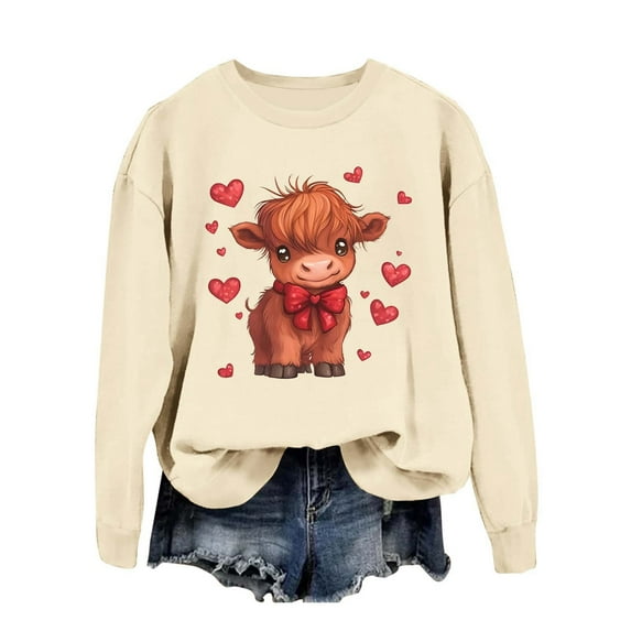 SHBYBY Womens Valentines Day Sweatshirts Cute Cow Print Crew Neck Winter Pullover Tops Long Sleeve Sports Casual Loose Warm Women's Valentines Tops Beige L