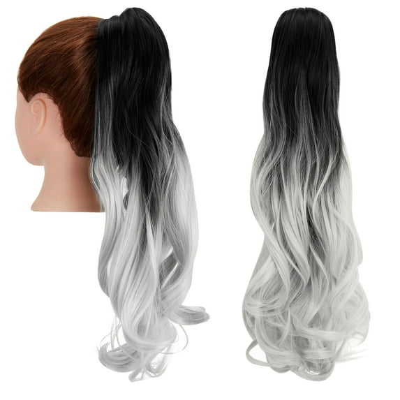 SHCKE 18 Inch Curly Wavy Ponytail Extension Claw Clip in Ponytail Hair Extensions Synthetic Pony Tail Hairpiece for Women Black To Silver Grey