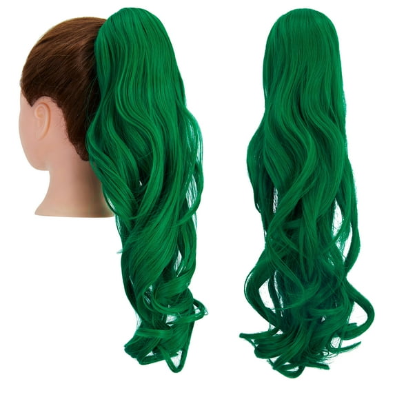 SHCKE 18" Ponytail Hair Extensions Claw Clip Ponytail Hairpiece Wavy Curly Hair Extension Synthetic Ponytail for Women Deep Green