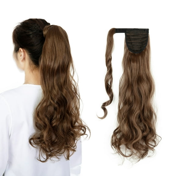 SHCKE 20" 22" Ponytail Extension Straight Curly Wrap Around Ponytail Extensions Synthetic Fiber Hair Extension Light Chestnut Brown Hairpiece for Women