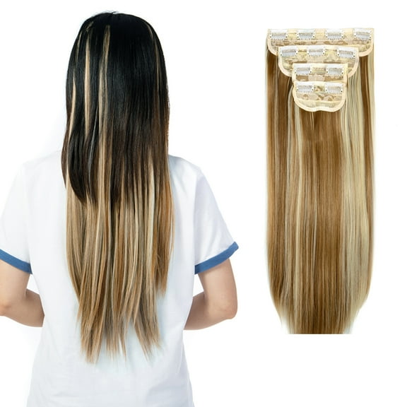 SHCKE 4 Pieces/set Clip In Hair Extensions 24 Inch Straight Hair Extensions Thickned Hair Extensions Synthetic Fiber Hair Extensions for Women Ginger Brown Mix Bleach Blonde