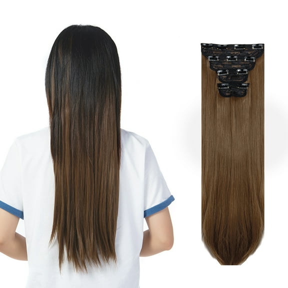 SHCKE 4 Pieces/set Clip In Hair Extensions 24 Inch Straight Hair Extensions Thickned Hair Extensions Synthetic Fiber Hair Extensions for Women Light Chestnut Brown