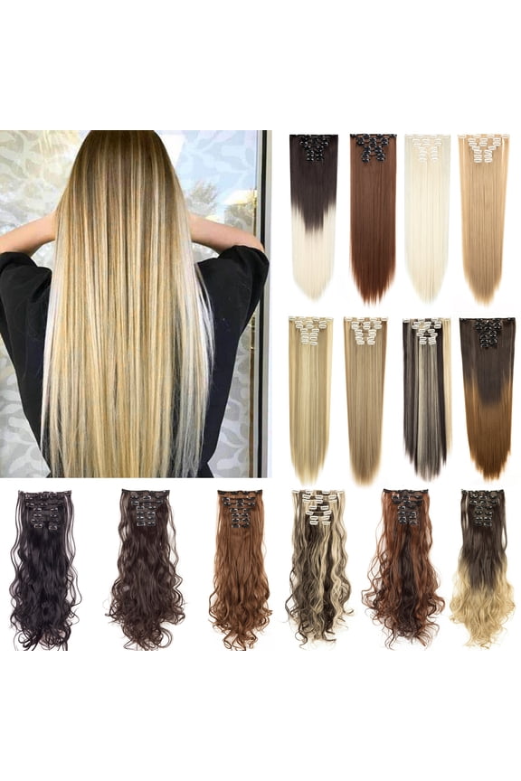 8Pcs Clip in Wavy Hair Extensions 24 Inch Synthetic Hair Extensions Dark Brown To Silver Grey Double Weft Hair Extensions Hairpiece for Women