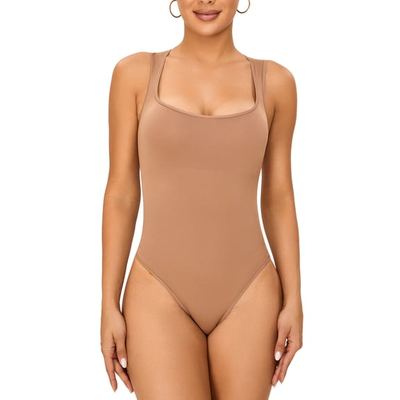 SHCKE Bodysuits for Women One Piece Tummy Control Shapewear Bodysuit Square Neck Tank Tops Sleeveless Body Shaper Lifter Hip Shaper Underwear Body Corset