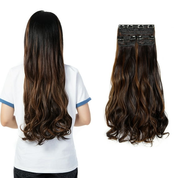 SHCKE Clip in Hair Extensions 18" Curly Hair Extension 3Pcs Dark Brown Mix Light Auburn Clip On Hair Extensions Heat Resistant Synthetic Fiber Hair Pieces for Women