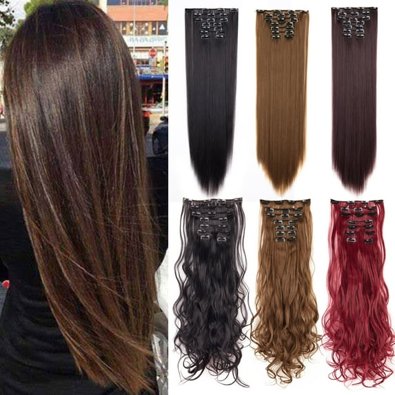 SHCKE Clip in Hair Extensions Dark Black 8Pcs Set Clip-in Hair Extensions 26 Inch Long Straight Hair Extensions Double Weft Synthetic Hairpiece for Women