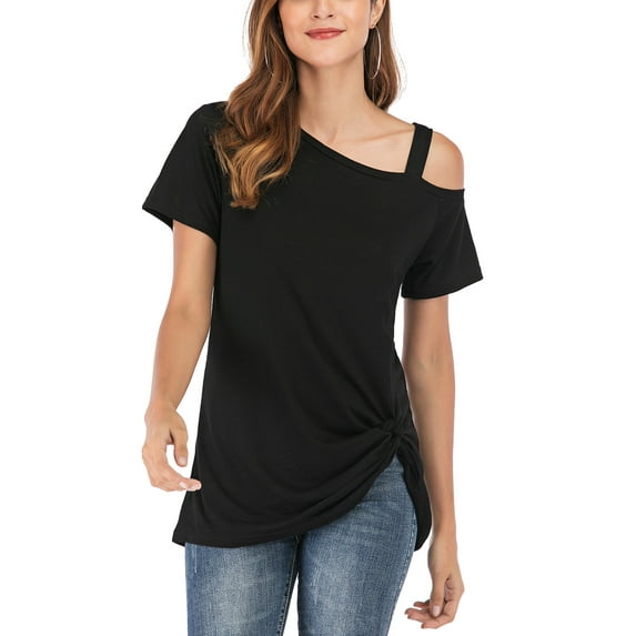 SHCKE Cold Shoulder Short Sleeve For Women Casual Side Twist Knotted Tops Blouse Tunic