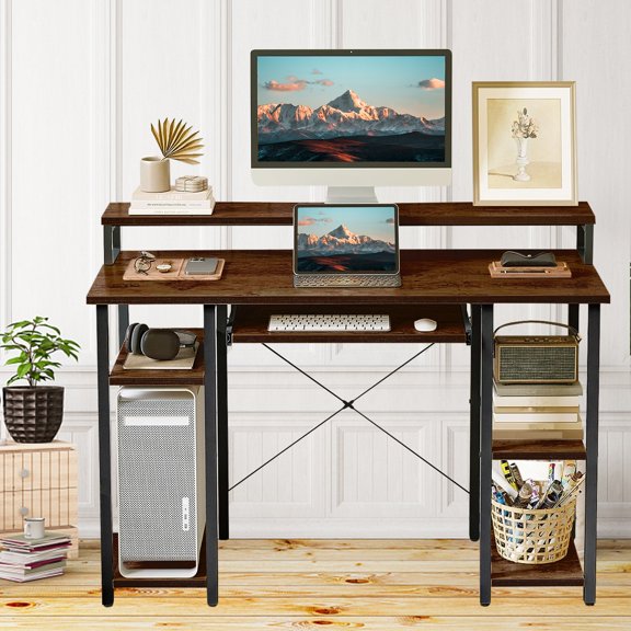 SHCKE Computer Desk with Monitor Shelves, 46.4 inch Home Office Desk with Storage Shelves, Writing Desk, Study Workstation, Computer Desk with Keyboard Tray, Study Table for Home Office