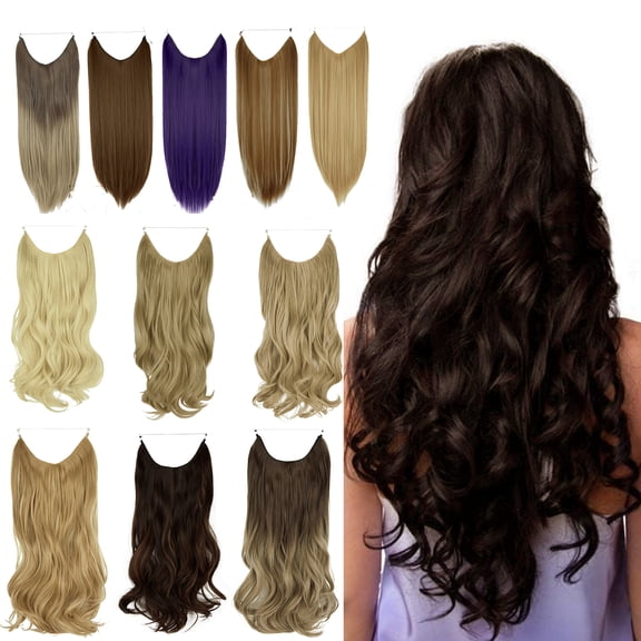 SHCKE Fish Line Extensions 22 Inch Invisible Hair Extensions with Transparent Fish Line Removable Secure Clips Synthetic Straight Secret Hairpiece Ginger Brown Mix Bleach Blonde