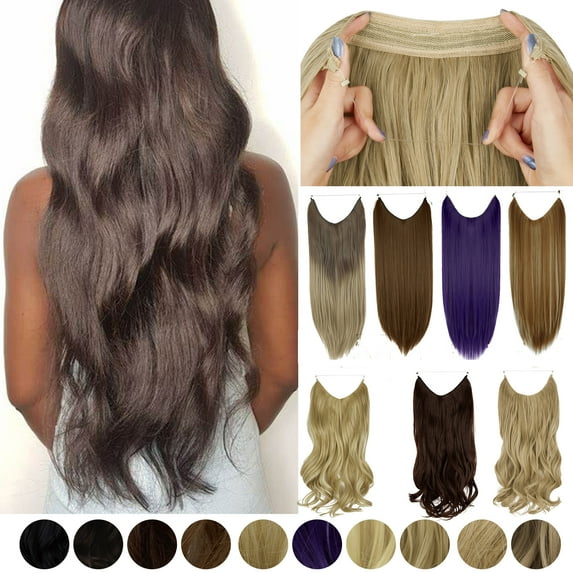 SHCKE Invisible Wire Hair Extensions 22 Inch Straight Hair Extensions Secure Fish Line Extensions Synthetic Hairpiece with Removable Secure Clips Deep Purple