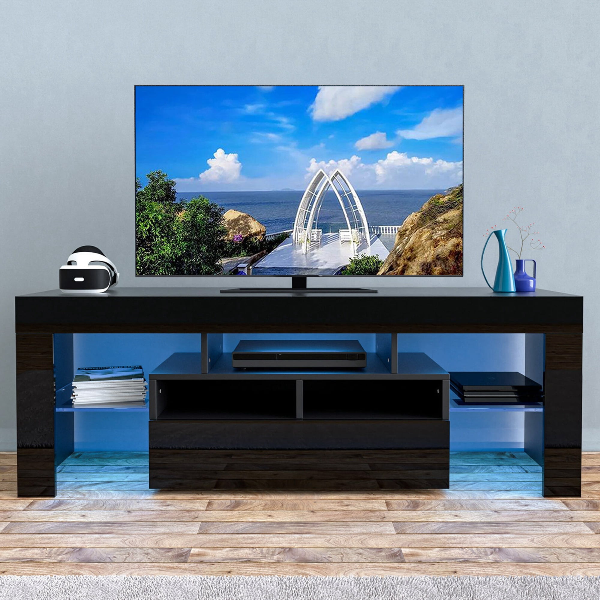 SHCKE Modern LED TV Stand Black/White TV Console High Glossy