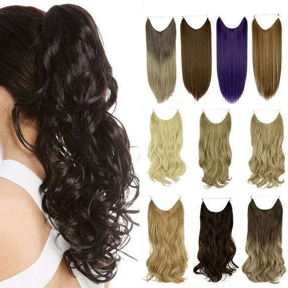 SHCKE Secret Hair Extensions 20 Inch Invisible Ash Blonde Hair Extension Hidden Curly Hair Extensions with Transparent Wire Removable Secure Clips Fish Line Extensions