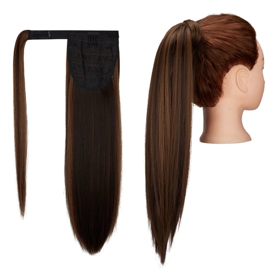 SHCKE Straight Hair Ponytail Extension 20"/28" Long Wrap Around Ponytail Drawstring Ponytail Clip in Synthetic Ponytail Extension for Women - Dark Brown Mix Light Auburn
