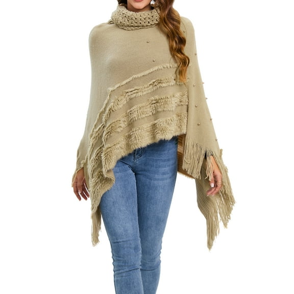 SHCKE Women Poncho Sweater Knit Tassel Fringed Pullover Poncho Sweater Cape Shawl Wrap for Women Causal Pullover Ponchos Sweater Cape Winter Sweater with Pearl Decor