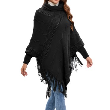SHCKE Women Poncho Turtleneck Knit Sweater Asymmetric Hem Oversized Fall Winter Sweaters Casual Pullover Jumper Oversized Knit Pullover Jumper Tops Casual Sweater Coat