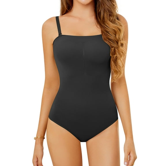 SHCKE Women Seamless Shapewear Tummy Control Full Body Shaper Waist Trainer Slimming Leotard Jumpsuits Tank Top Triangle Off Shoulder Shapewear Tops Leotard