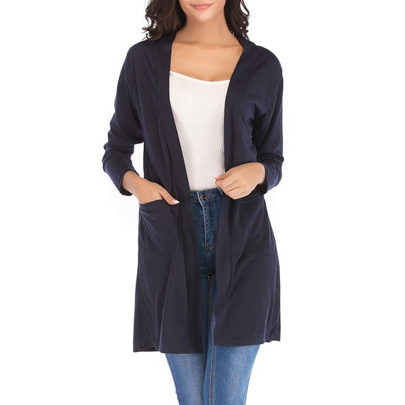 SHCKE Women's Long Sleeve Cardigans Casual Open Front Cardigan Shirt Lightweight Breathable Kimono Cardigans with Pockets Navy