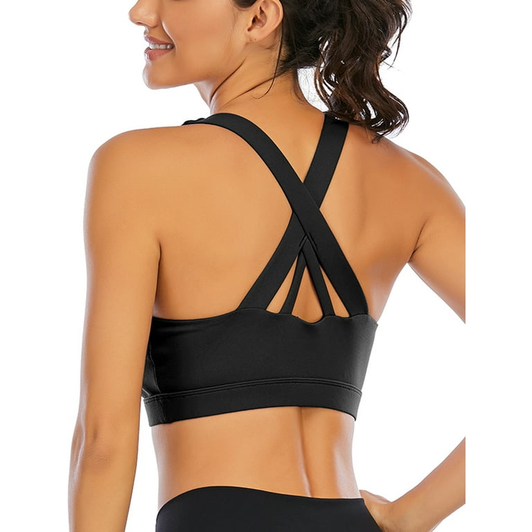 SHCKE Women's Medium Support Sports Bras Cross Back Yoga Bra Wide Hem  Activewear Tops With Removable Cup