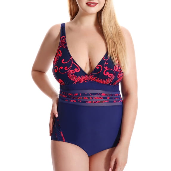 SHCKE Women's Plus Size One Piece Swimsuits V Neck Mesh Bathing Suit Tummy Control Slimming Swimwear Monokini