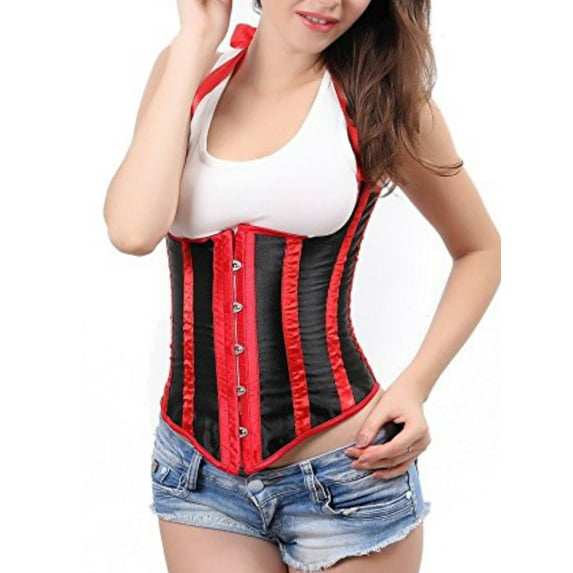 SHCKE Women's Satin Vintage Bustier Corset Top with Straps Lace Up Boned Waist Cincher Corset Belt