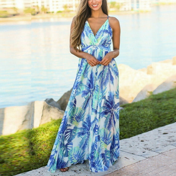 SHCKE Women's Summer Maxi Dress Floral Print Sleeveless Spaghetti Strap Beach Long Dresses