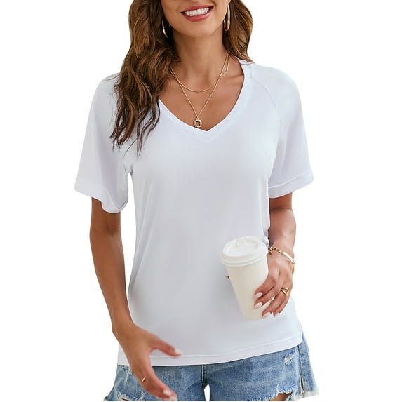 SHCKE Women's Summer Tops V Neck Causal Shirts Solid Short Sleeve T Shirts