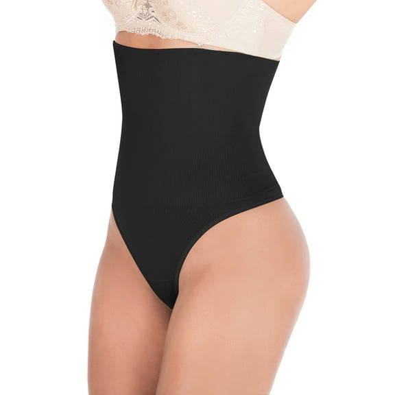 SHCKE Women's Tummy Control Thong High Waist Thong Shapewear Seamless Body Shaper Panties Tummy Control Girdles Underwear Cincher Black