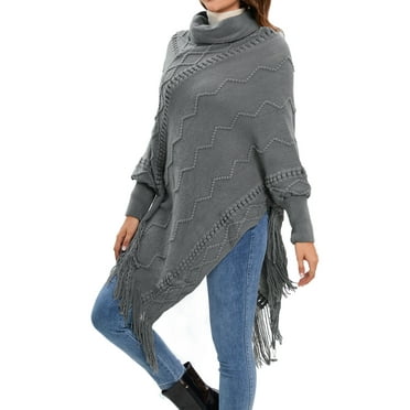 SHCKE Women's Turtleneck Sweaters Oversized Sweater Pullover Cape Knitted Shawl Poncho with Fringed Women's Knitted Shawl Scarf Irregular Pullover Sweater