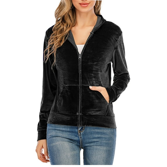 SHCKE Women's Velour Sweatshirt Hoodies Sweatshirt Zip-Up Hooded Jacket Velour Sport Coat Long Sleeve Velour Tops Jogger Sweatshirt with Pockets