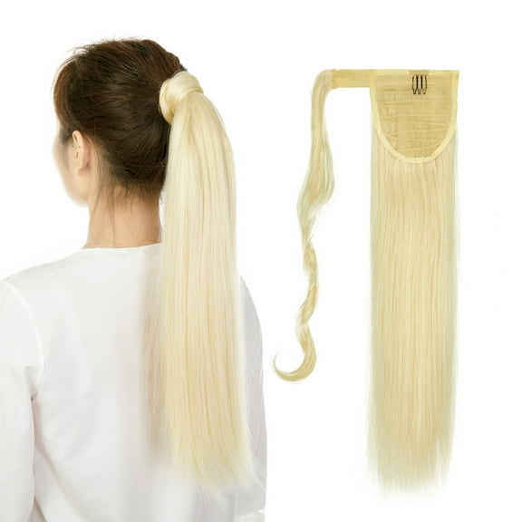 SHCKE Wrap Around Long Hair Extension for Women 20" 22" Straight Wavy Ponytail Extensions Clip In Ponytail Extensions Bleach Blonde Synthetic Hair Piece