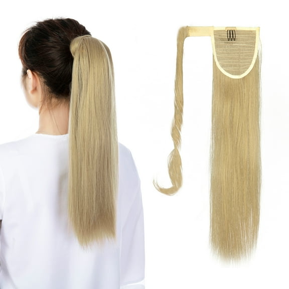 SHCKE Wrap Around Long Hair Extension for Women 20" 22" Straight Wavy Ponytail Extensions Clip In Ponytail Extensions Ash Blonde Synthetic Hair Piece
