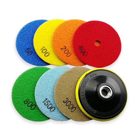 SHDIATOOL Dry Diamond polishing Pads 4 Inch Set of 7 Pieces Plus a Plastic Backer for Granite Marble Stone Quartz Tiles