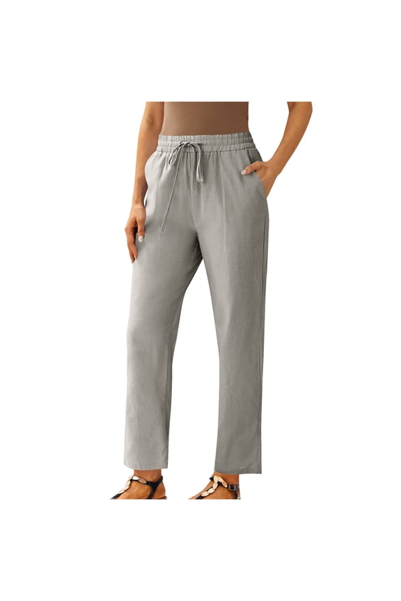 Fashion Clothing Women Petite Pants High Waisted Straight Leg Casual Cotton Linen Trousers Elastic Waist Drawstring with Pockets