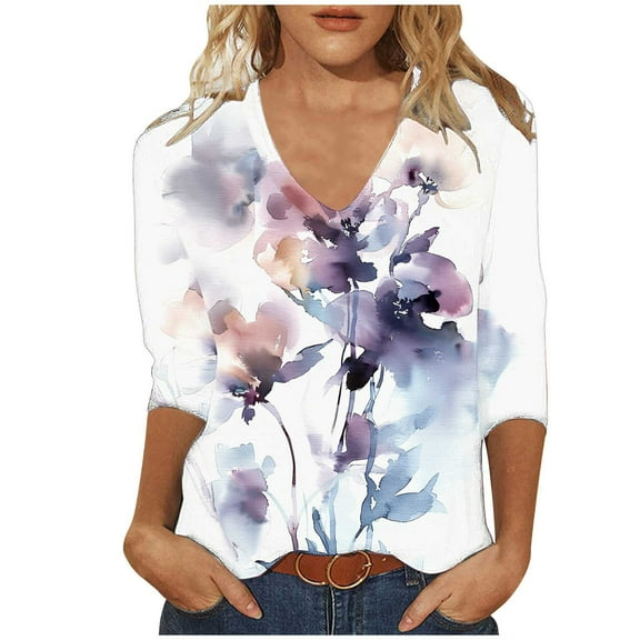 SHE IS My Items T Shirts for Women Fitted Tops for Women Trendy 3/4 Sleeve Work Blouses for Women Office Vintage Tees for Women Crop