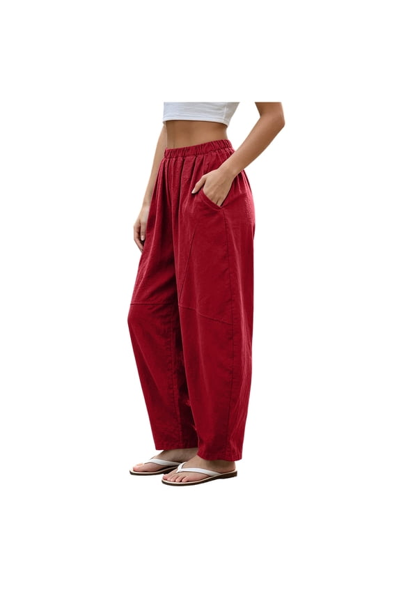 Women Casual High Waisted Wide Leg Harem Pants Loose Fit Lantern Trousers Cotton Linen Elastic Pants