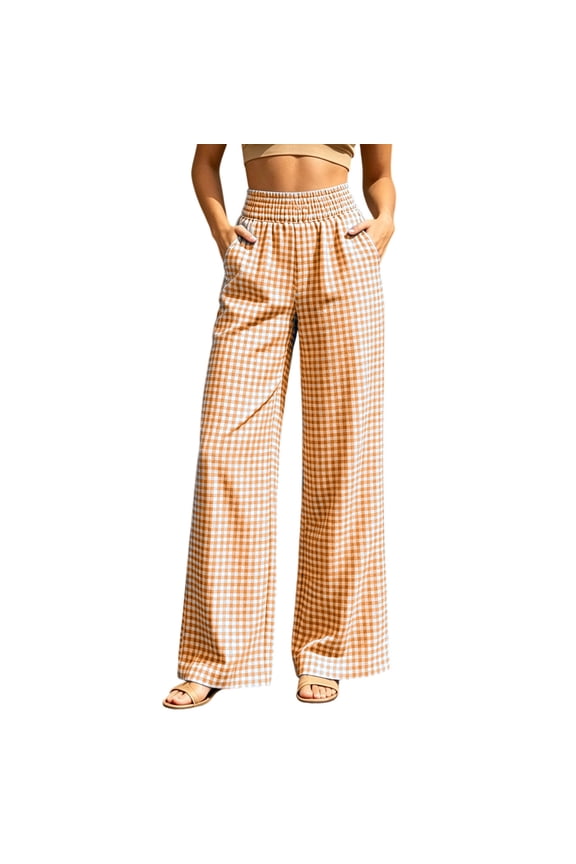 Women's Gingham Pants 2026 Casual Wide Leg Elastic Waist Pants Cute Comfy Bottoms with Pockets Plaid Outfits, Cute Pants for Women Going out