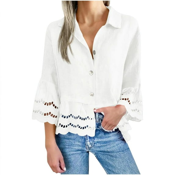 SHE IS Womens Blouses Dressy Casual Ruffle 3/4 Bell Sleeve Button down Shirts V Neck Lace Blouses Casual Loose Hollow out Ruffle Hem Tops
