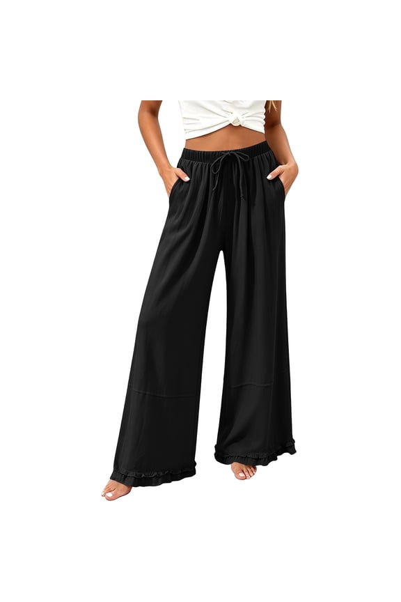 Womens Linen Palazzo Pants Ruffle Wide Leg Cropped Flowy Drawstring Casual Loose Summer Beach with Pockets