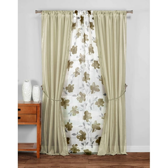 SHEER Collection 5PC Window Panel Set Taupe and White Floral Design 84 in Long Pole Top